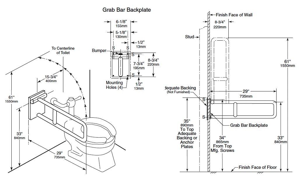 Measurement Diagram for Bobrick B-4998.99 Swing Up Grab Bar