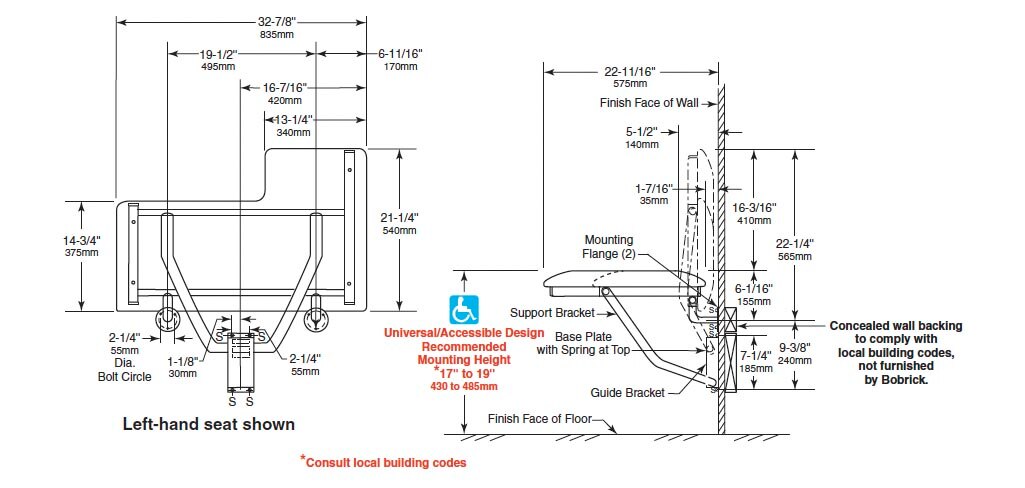 Measurement Diagram for Bobrick B-517 Shower Seat