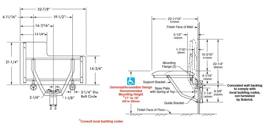 Measurement Diagram for Bobrick B-518 Shower Seat