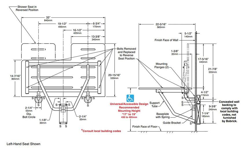 Measurements for Bobrick B-5181 Left Right Hand Folding Restroom Shower Seat, Reversible