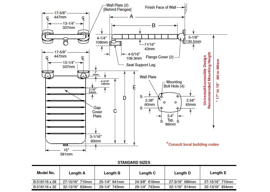 Measurement Diagram for Bobrick B-518116x28 Folding Bathtub Seat