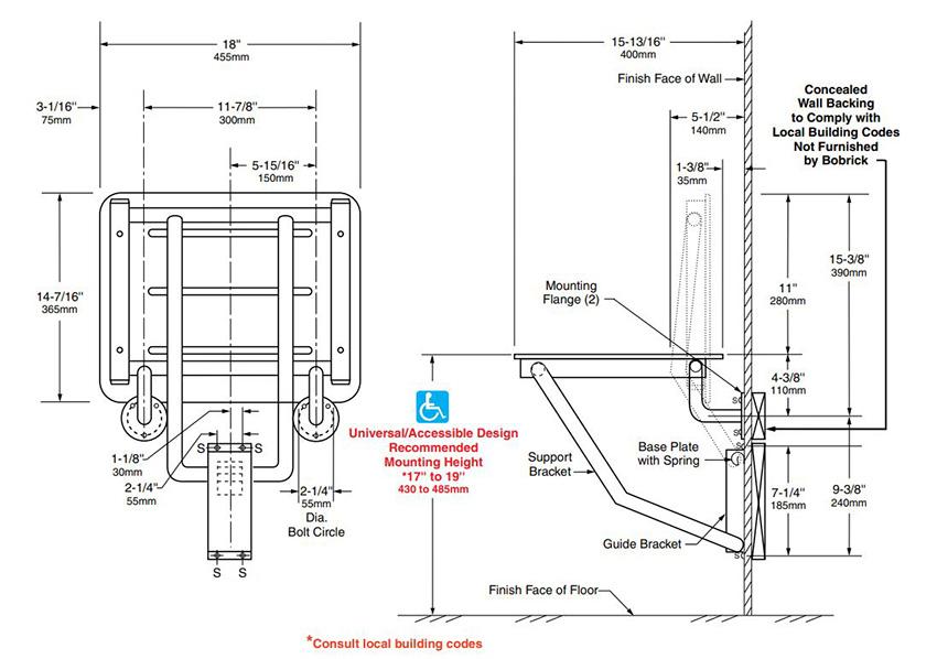 Measurements for Bobrick B-5191 Barrier Free Commercial Shower/Dressing-Area Seat