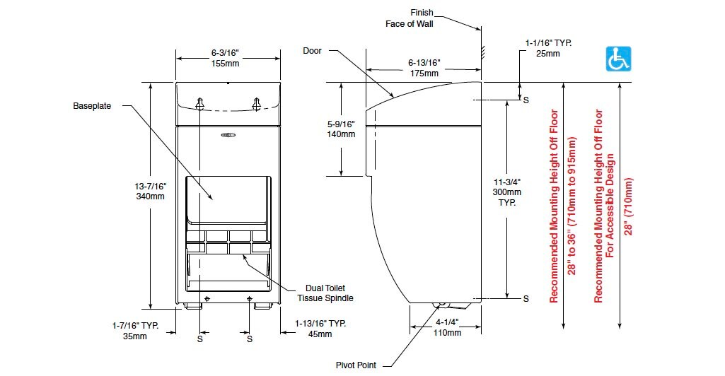 Measurement Diagram for Bobrick B-5288 Toilet Paper Holder