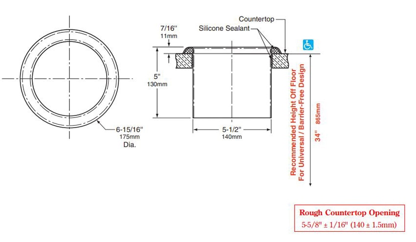 Measurements for Bobrick B-529 Circular Waste Chute for Countertops