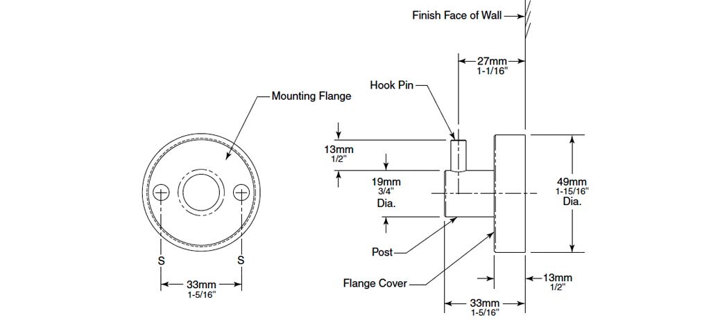 Measurement Diagram for Bobrick B-5426 Robe Hook