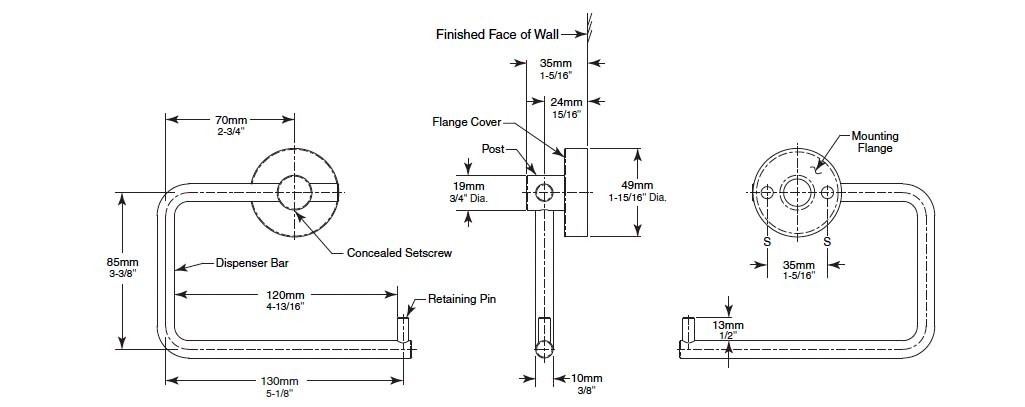 Diagram Showing Measurements for Bobrick B-5436 Toilet Paper Holder