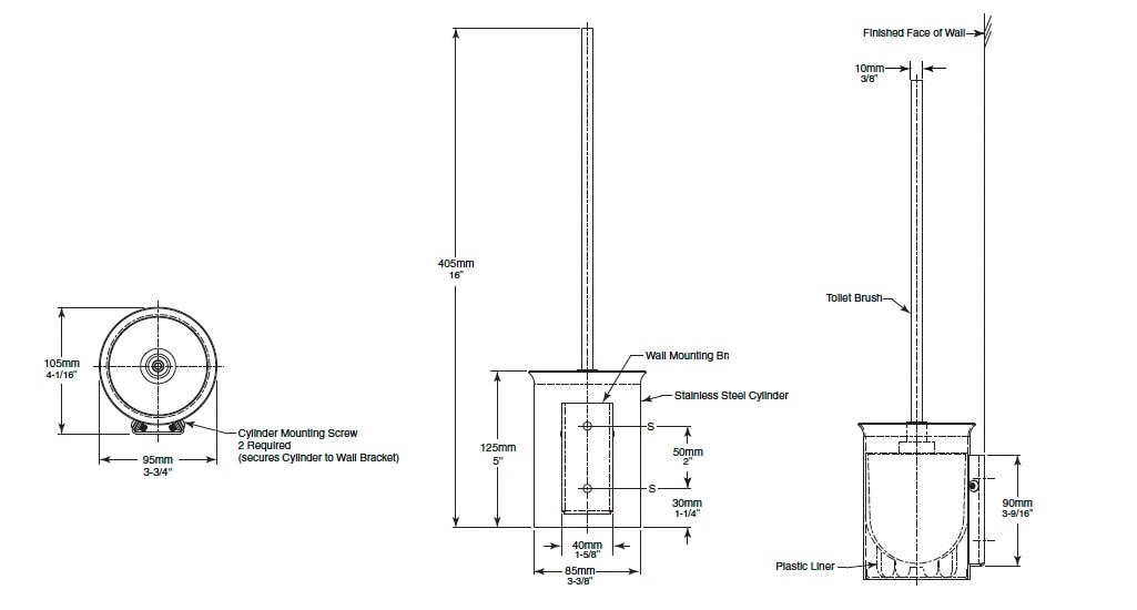 Diagram Showing Measurements for Bobrick B-5446 Toilet Brush & Holder