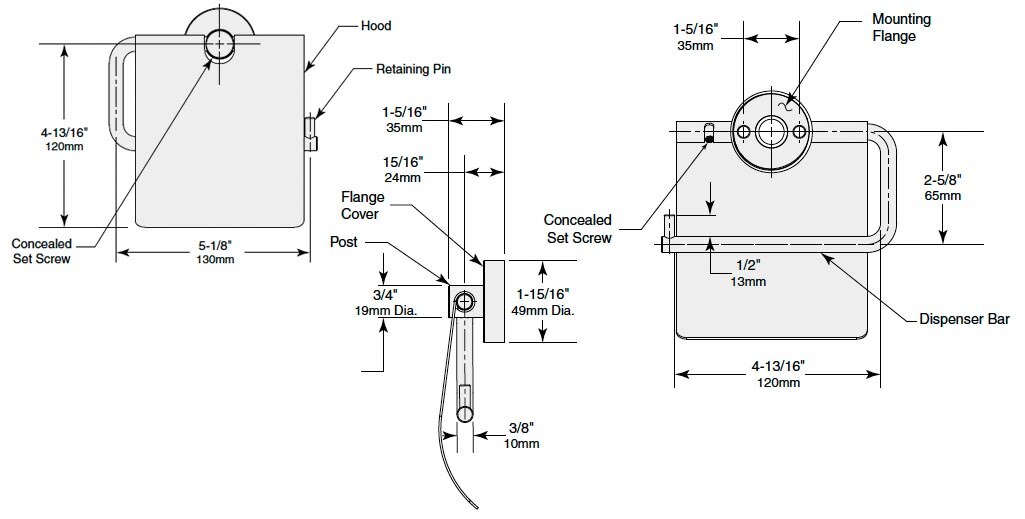 Diagram Showing Measurements for Bobrick B-546 Toilet Paper Holder