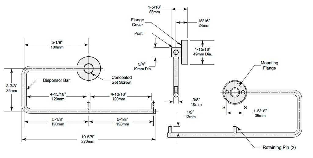 Diagram Showing Measurements for Bobrick B-547 Toilet Paper Holder