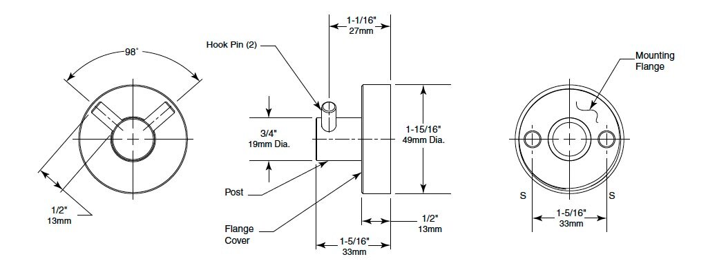 Diagram Showing Measurements for Bobrick B-549 Robe Hook