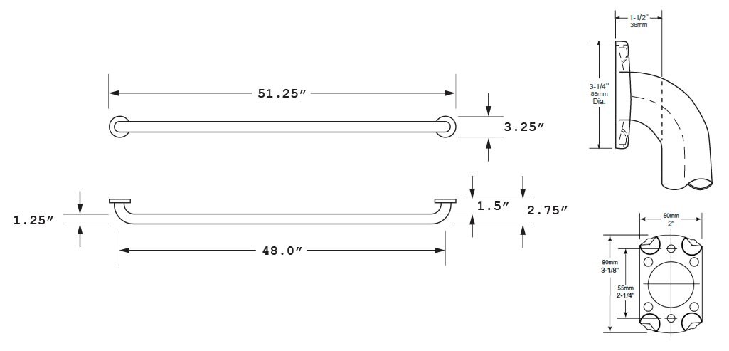 Diagram Showing Measurements for Bobrick B-5806-99x48 Grab Bar