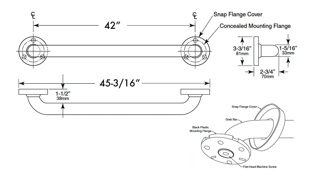 Diagram Showing Measurements for Bobrick B-580616x42 Grab Bar