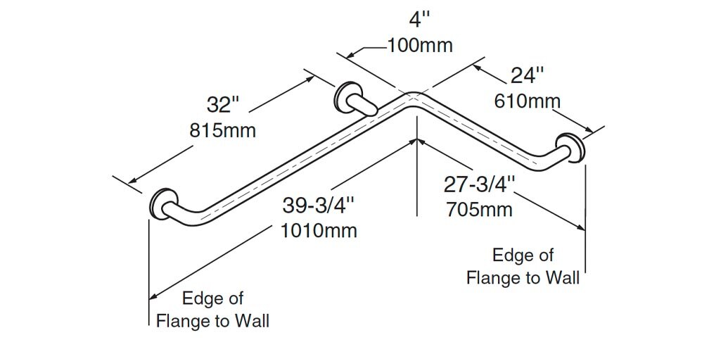 Diagram Showing Measurements for Bobrick B-58616-99 Grab Bar