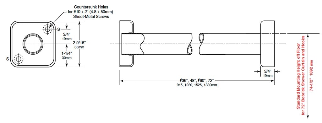 Diagram Showing Measurements for Bobrick B-6047x36 Shower Curtain Rod