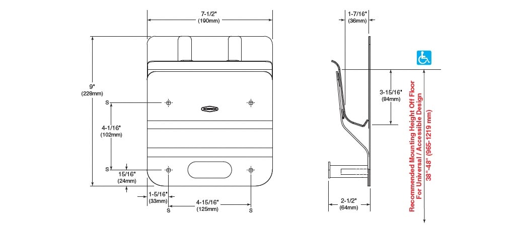 Diagram Showing Measurements for Bobrick B-635 Mobile Device Holder