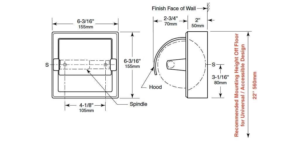 Diagram Showing Measurements for Bobrick B-6699 Toilet Paper Holder