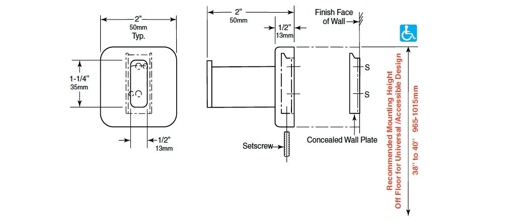 Diagram Showing Measurements for Bobrick B-670 Robe Hook