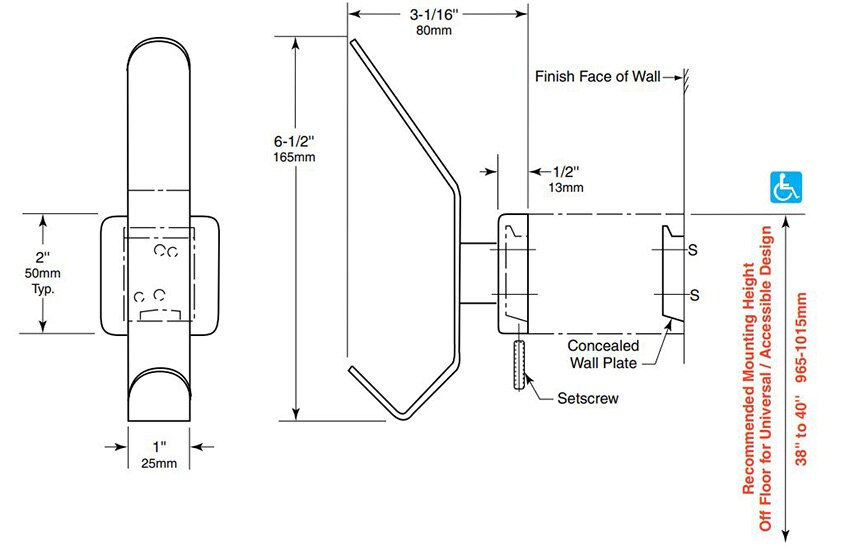 Measurements for Bobrick B-682 Heavy-Duty Stainless Steel Hat & Coat Hook, Surface Mount