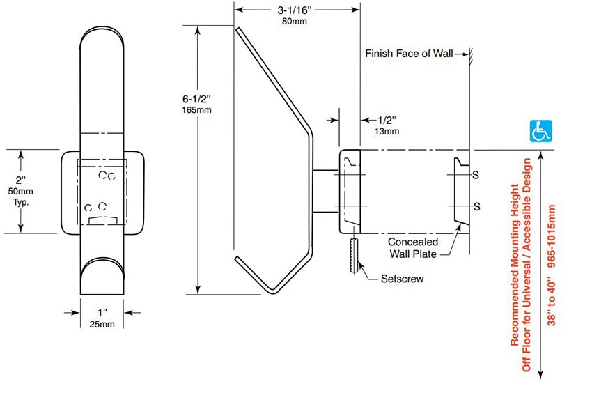 Measurements for Bobrick B-6827 Commercial Stainless Steel Hat & Coat Hook, Surface Mount