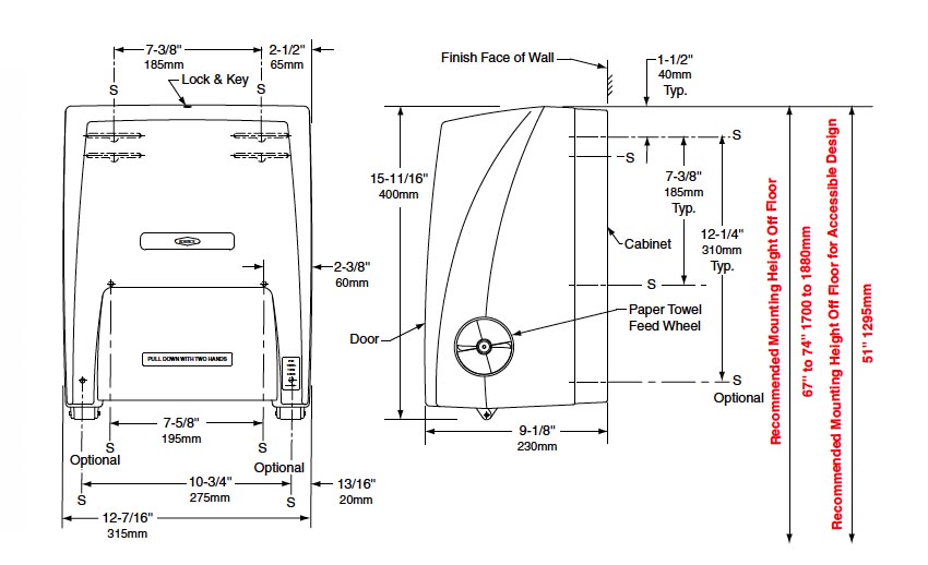 Measurements for Bobrick 72860 Paper Towel Dispenser
