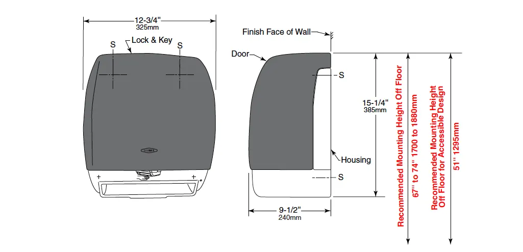 Measurements for Bobrick 72974 Paper Towel Dispenser