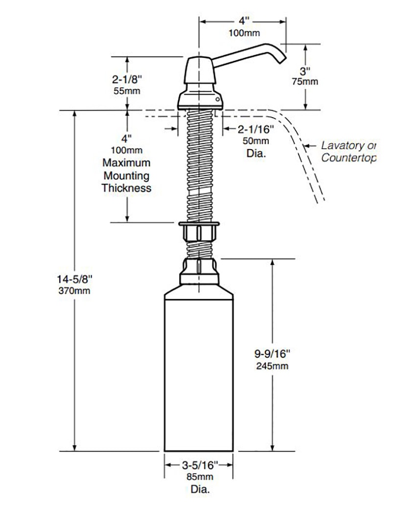 Measurements for Bobrick B-822 Liquid, Manual Top Fill Soap Dispenser, 4 in. Spout, 34-fl. oz. (1.0-L) Capacity