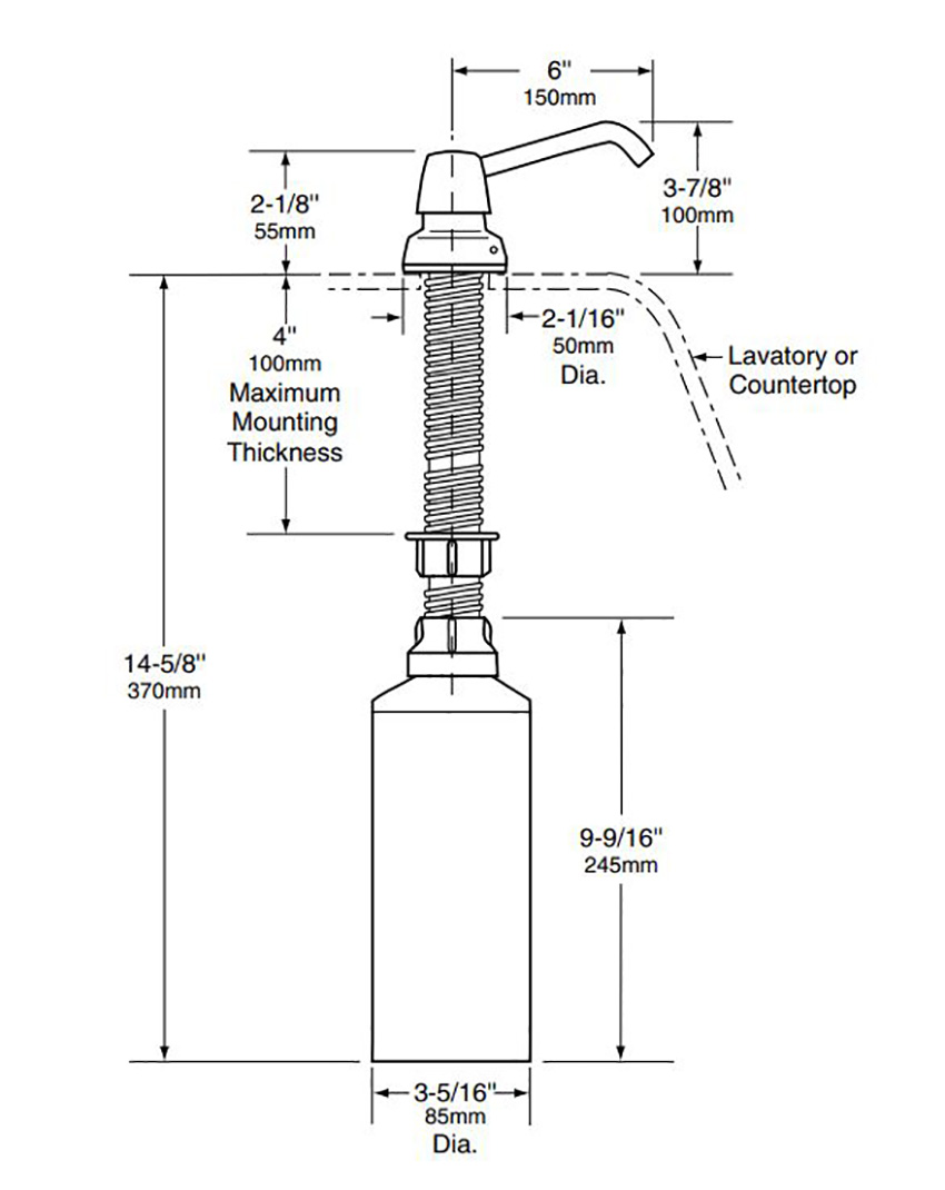 Measurements for Bobrick B-8226 Liquid, Manual Top-Fill Soap Dispenser, 6 in. Spout, 20-fl. oz. (0.6-L) Capacity