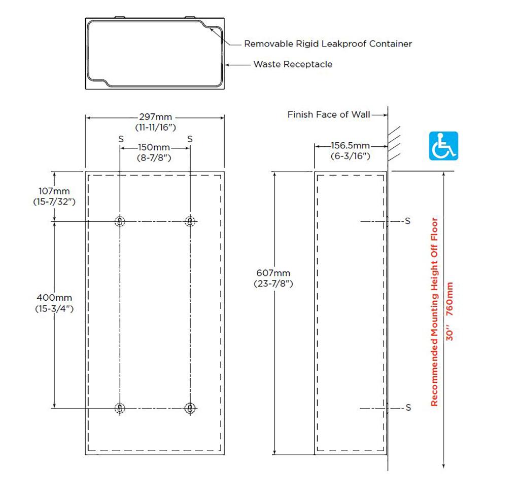 Diagram Showing Measurements Bobrick (B-9279) Fino Collection Surface-Mounted Waste Receptacle, Stainless Steel, 6 Gal