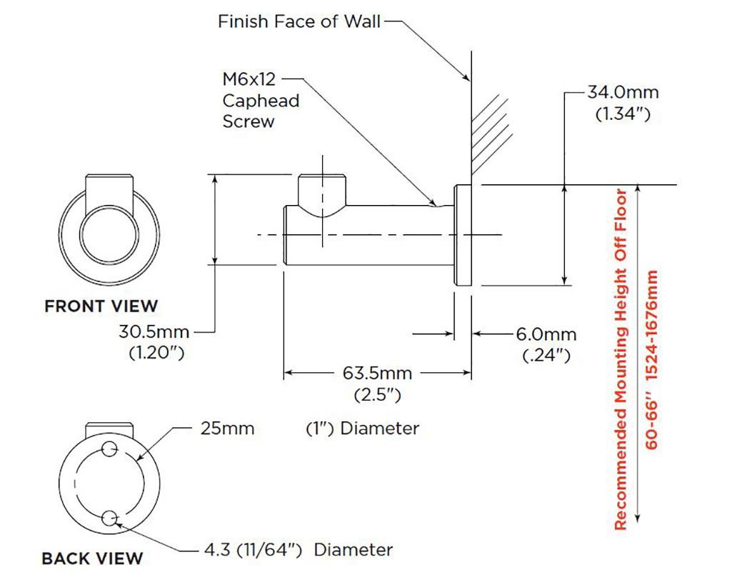 Diagram Showing Measurements Bobrick (B-9542) Fino Collection Surface-Mounted Coat Hook, Stainless Steel