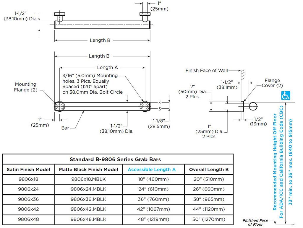 Diagram Showing Measurements Bobrick (B-9806x36) Fino Collection Stainless Steel Grab Bar, 1-1/2