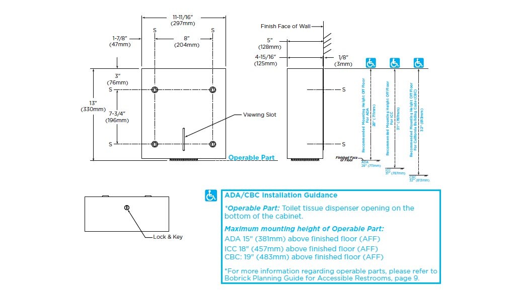 Diagram Showing Measurements for Bobrick B-9890 Jumbo Roll Toilet Paper Holder