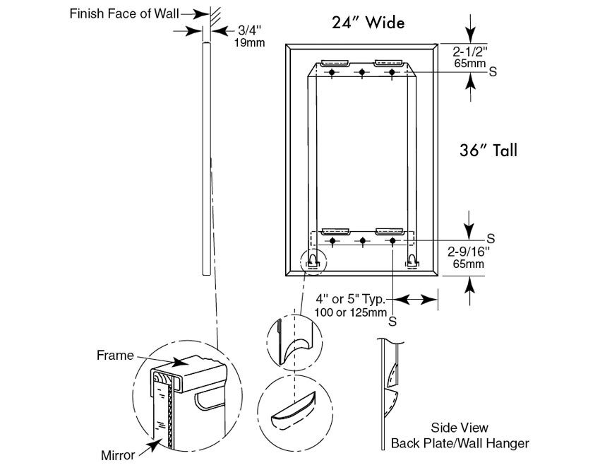 Measurements for Bobrick B-165 2436 Mirror
