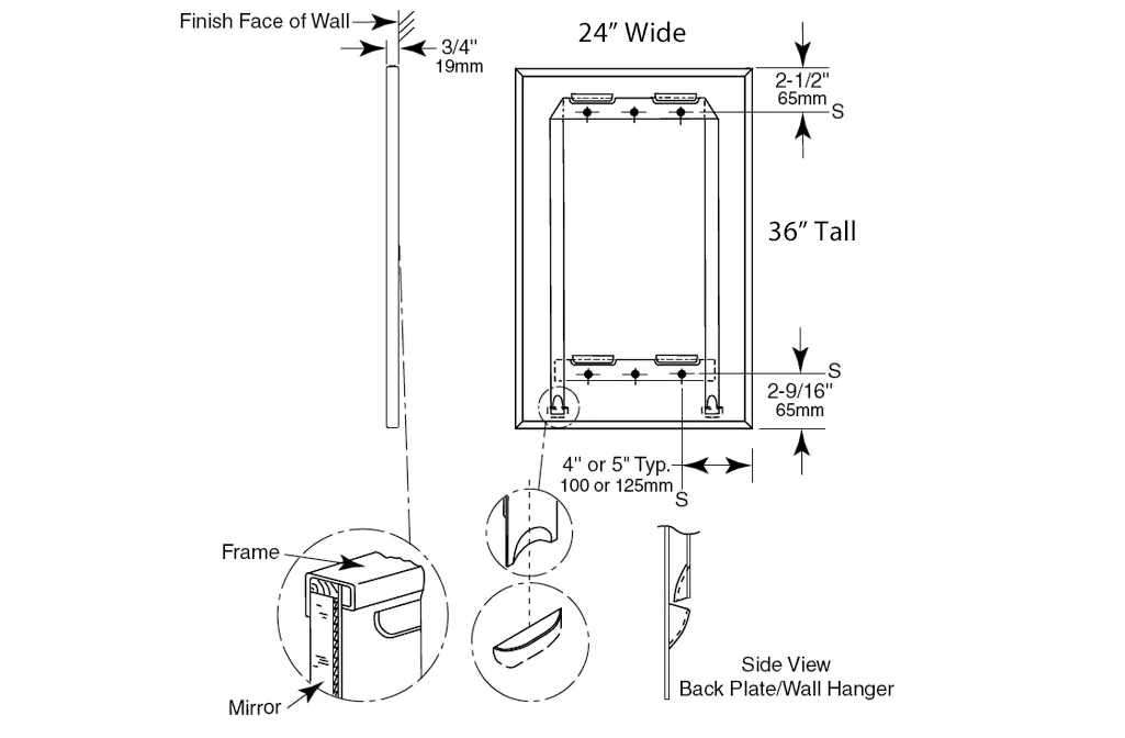 Measurement Diagram for Bobrick B-165-2436 Commerical Stainless Steel Frame Mirror