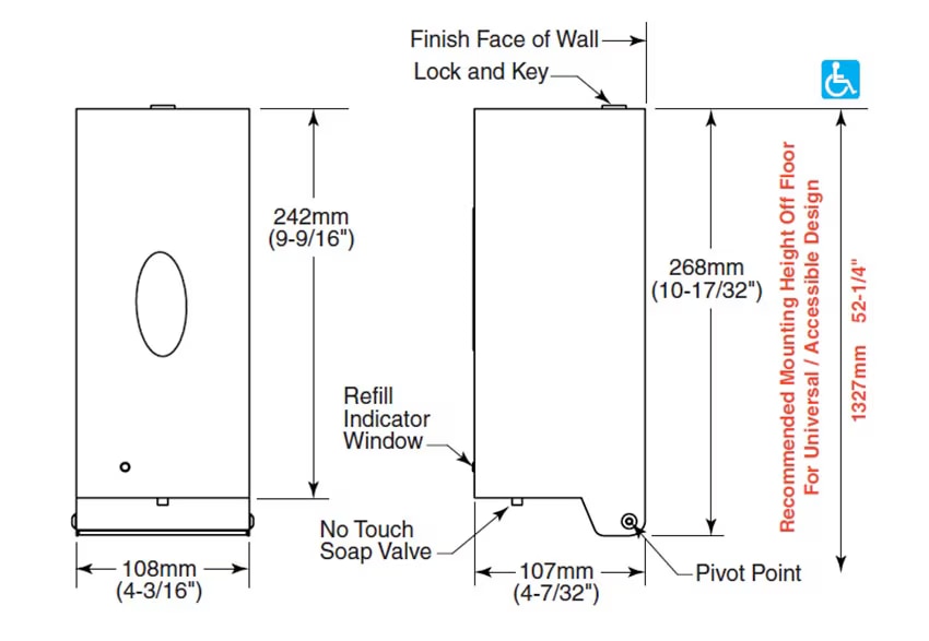 Diagram showing overall dimenssions for the Bobrick B-2012