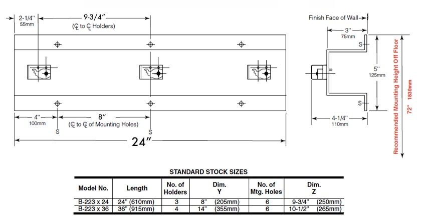 Diagram showing overall dimenssions for the Bobrick B-223X24