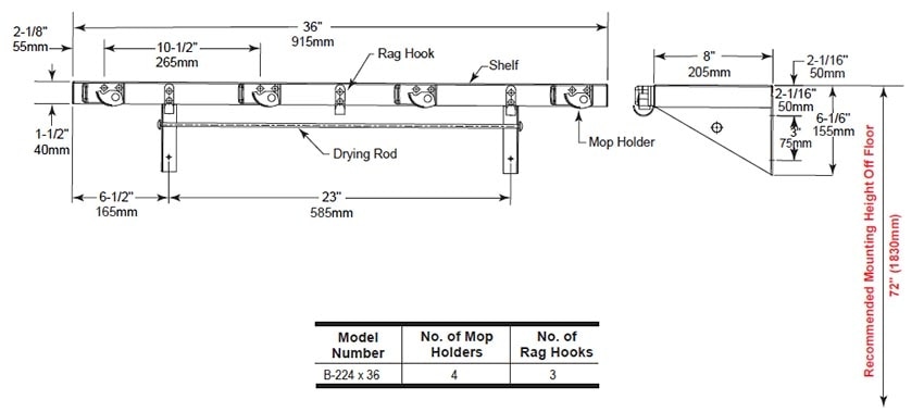 Diagram showing overall dimenssions for the Bobrick B-224X36