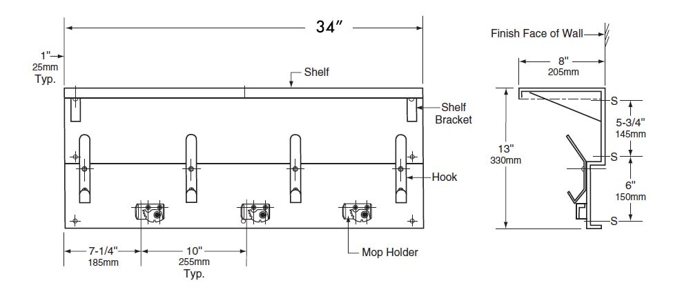 Diagram showing overall dimenssions for the Bobrick B-239X34