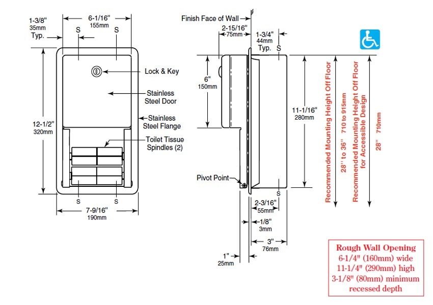 Diagram showing overall dimenssions for the Bobrick B-2860