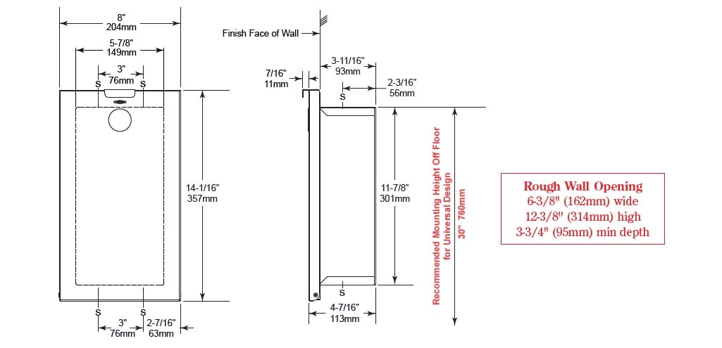 The Bobrick B-353 recessed sanitary napkin disposal is 12-3/4