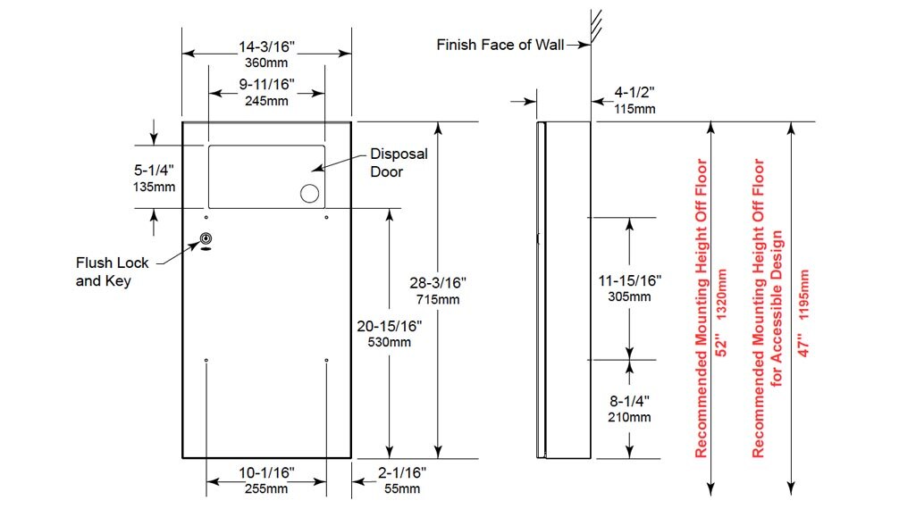 The Bobrick B-35639 surface mount waste receptacle is 14-3/16