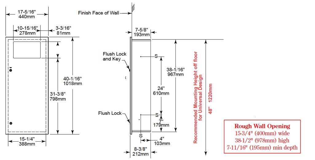 The Bobrick B-35643 recessed mount waste receptacle is 17-5/16