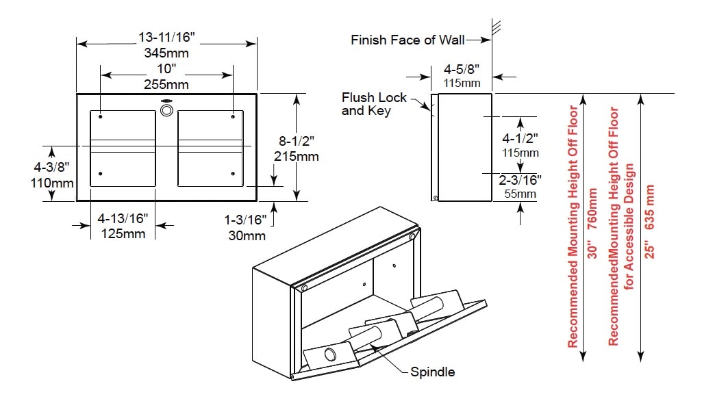 Dimensions for Bobrick B-3588 Toilet Tissue Dispenser