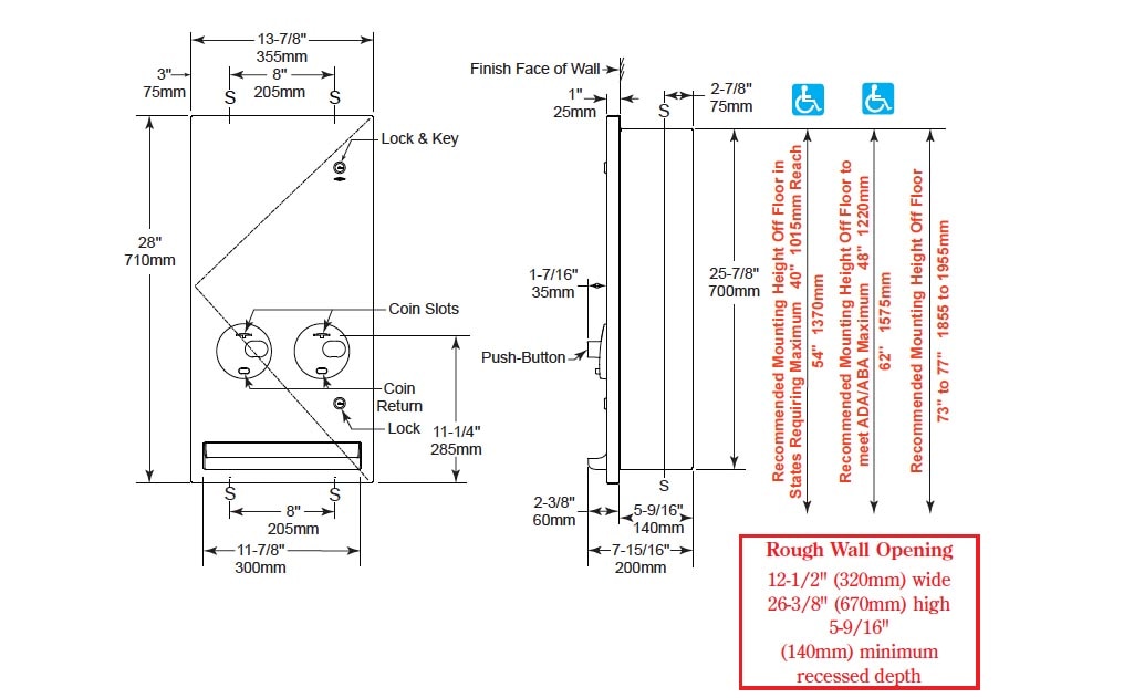 The Bobrick 37063 25 recessed napkin tampon dispenser is 13-7/8