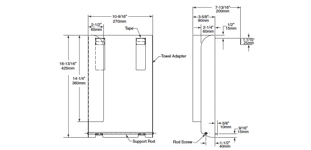 The Bobrick 39003-130 towelmate is 10-9/16