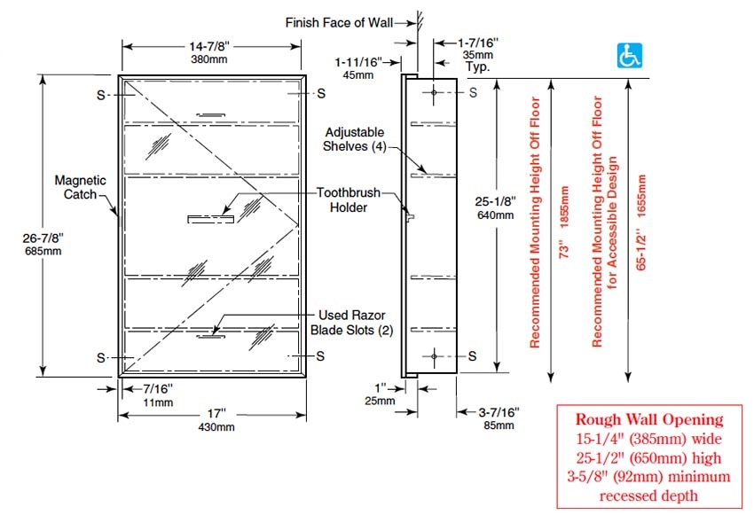 Diagram showing overall dimenssions for the Bobrick B-398