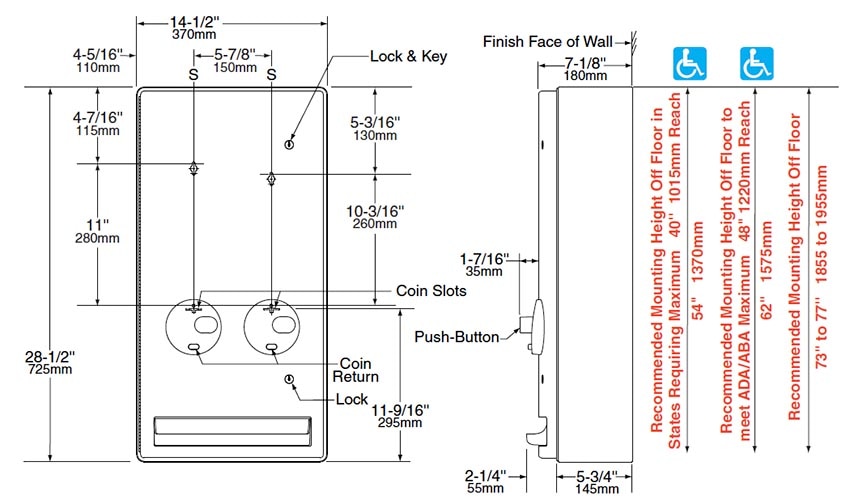 Diagram showing overall dimenssions for the Bobrick B-47069C