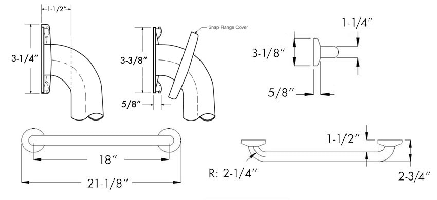 Diagram Showing Measurements for Bobrick B-5806x30 Grab Bar