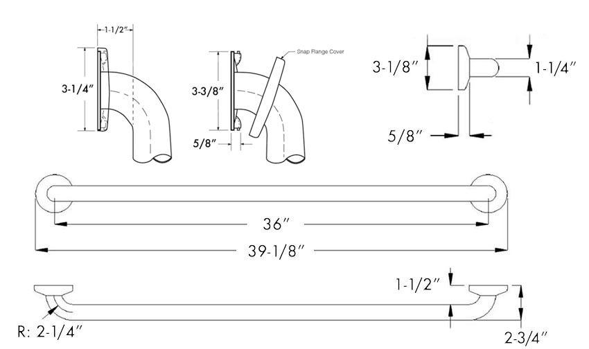 Diagram Showing Measurements for Bobrick B-5806x36 Grab Bar