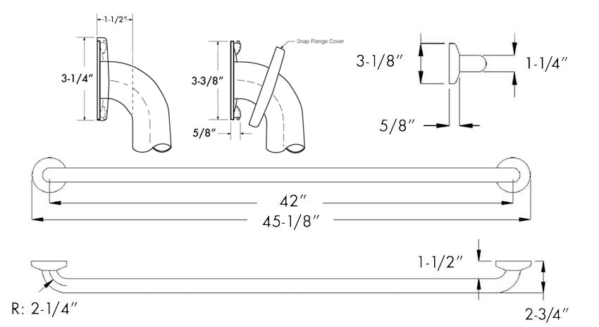 Diagram Showing Measurements for Bobrick B-5806x42 Grab Bar