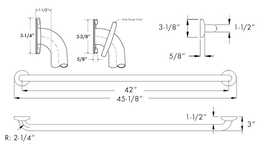 Measurements for Bobrick B-6806.99-42 inch Grab Bar